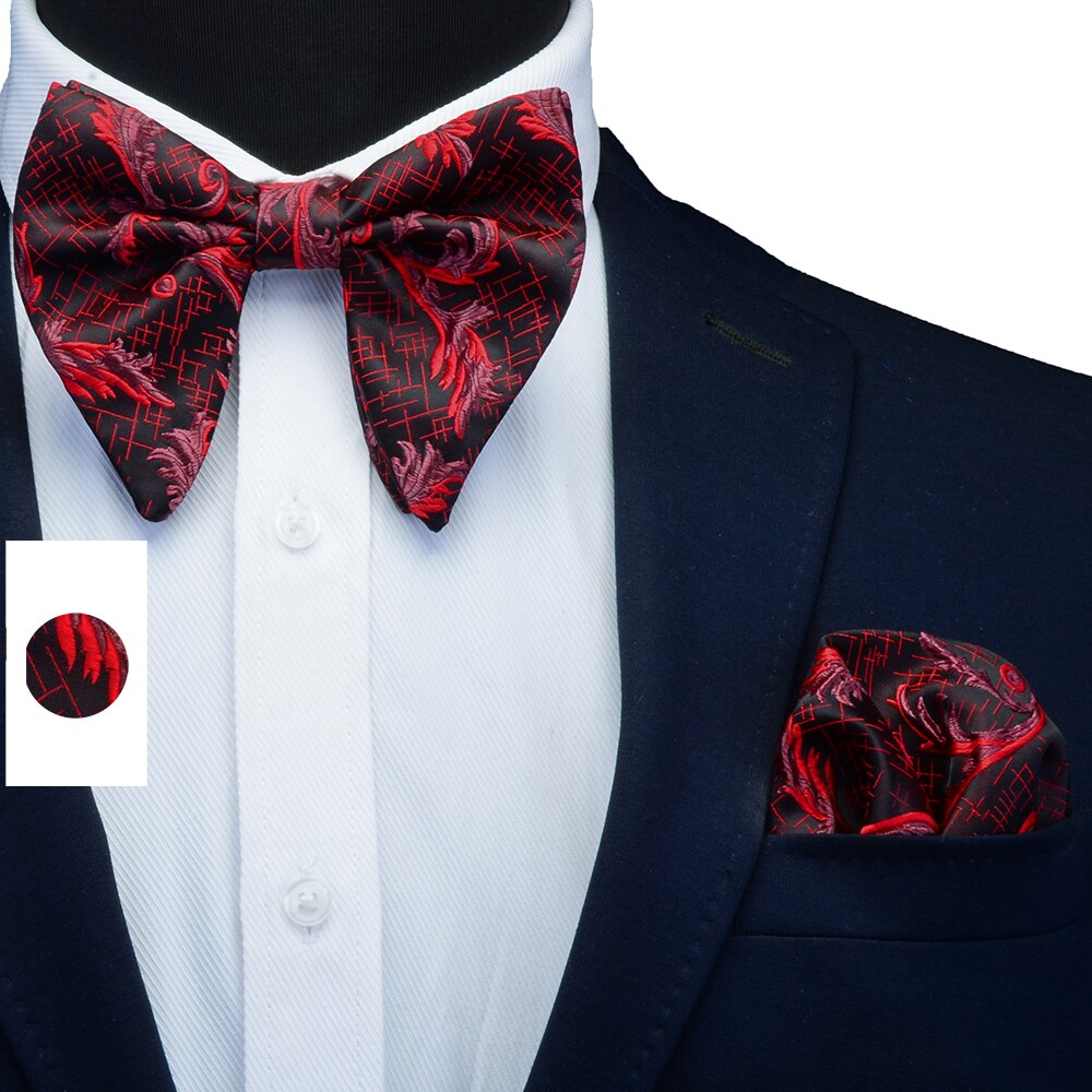 Pajarita grande para hombre, conjunto de gemelos, pañuelo Floral de doble pliegue, pajaritas Rojas, cuadrados de bolsillo para boda,: Rojo