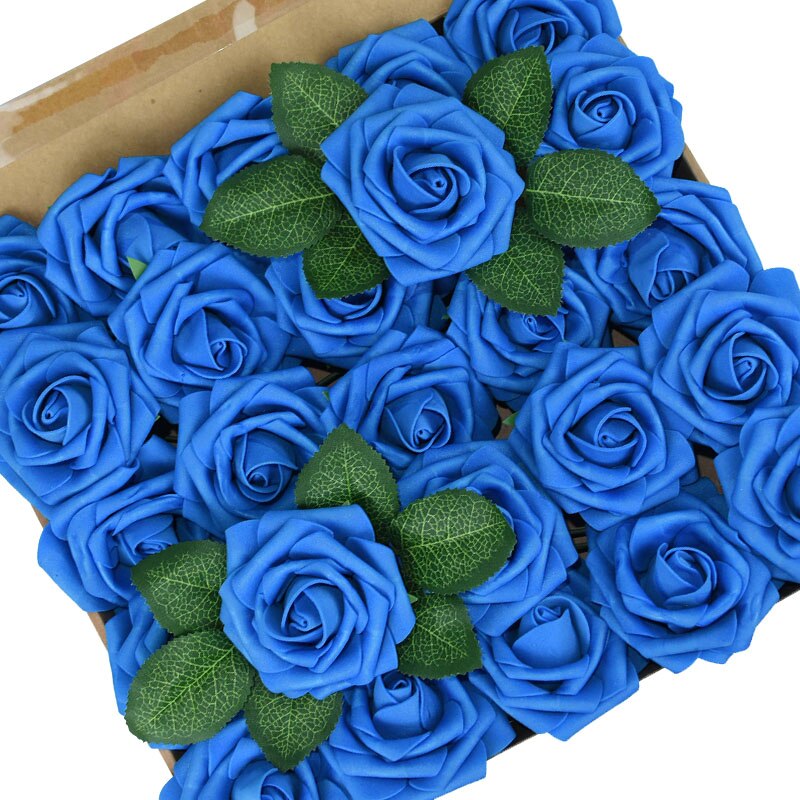 25 Pièces/boîte Mousse Artificielle Rose Fleurs avec des Feuilles Bouquets De Mariée De mariage De Décoration De Jardin de Partie Fausse Fleur BRICOLAGE Artisanat: blue