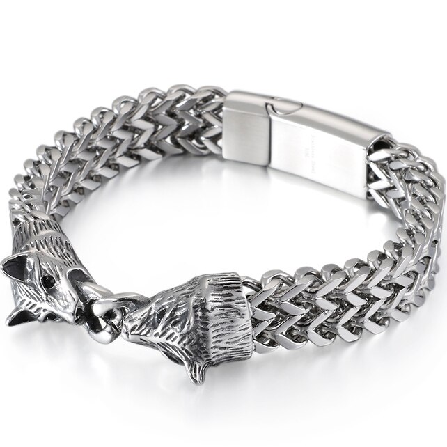 Vikings Biker Jewelry Stainless Steel Double Wolf Head Franco Link Curb Chain Bracelet For Men With Magnet Clasp 12MM Wide 22CM: Default Title