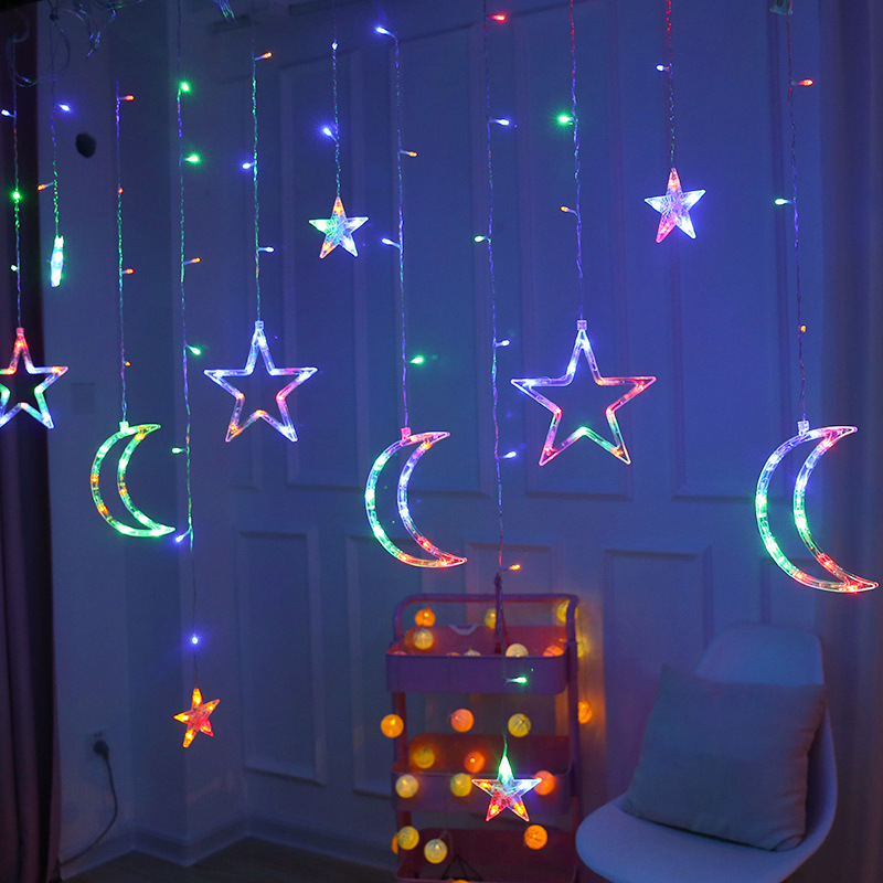 Cortina de luces LED con forma de luna y estrella para decoración, guirnalda de 3,5 M para Navidad, festividades, Año , cortina en la ventana