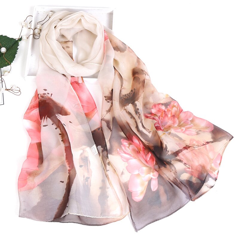 Dames foulard chiffon georgette bandana sjaal inkt lotusbloem print lange sjaal zomer wikkel dame dun ademend: Geel