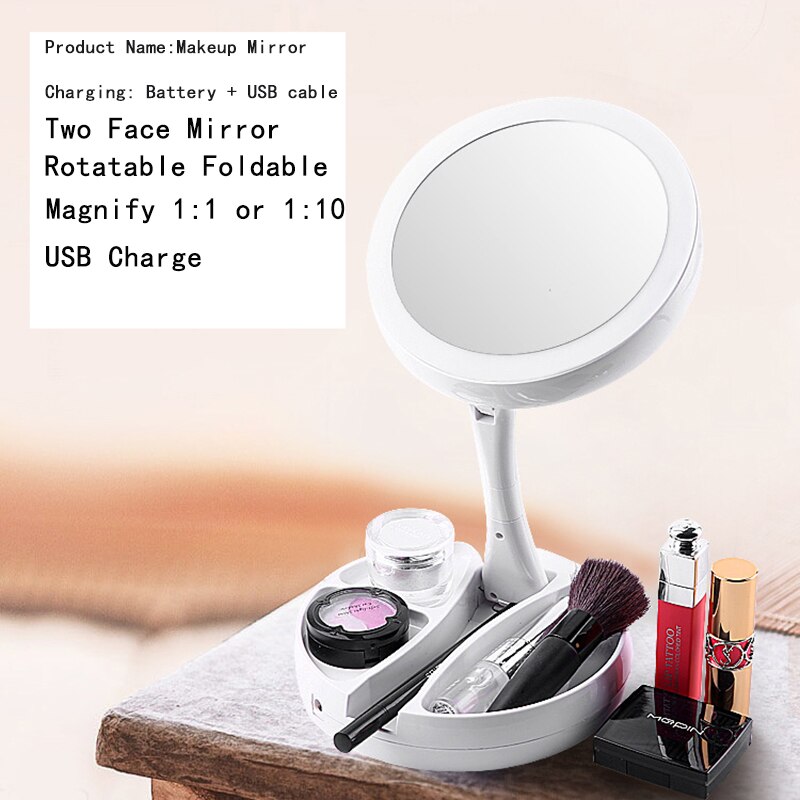 LED Makeup Mirror with Ring Light HD Vanity Mirrors Smart Touch Control Illuminated Stand Up Desk Table Mirror USB Charge: 2 face Foldable Led