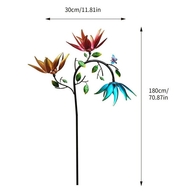 Grand moulin à vent rotatif en métal, avec papillon et trois fleurs, décoration de jardin