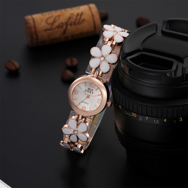 Soxy Luxe Horloge Vrouwen Mode Gouden Horloges Volledige Staal Bloemen Armband Horloge Vrouwen Uur Klok Dames Horloges Lady: WHITE