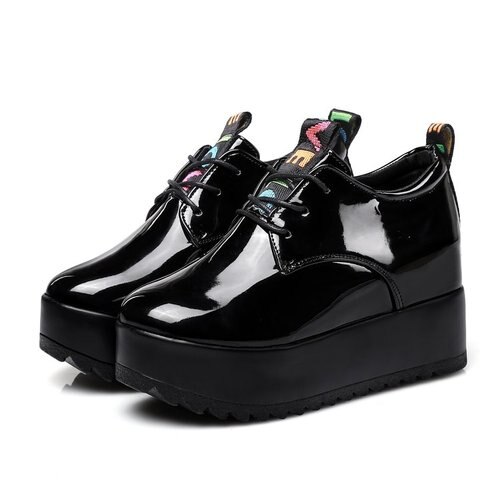 Zapatos de plataforma informales con punta redonda para mujer, zapatillas planas lacadas con cuña para primavera y otoño: Bright black / 5,5
