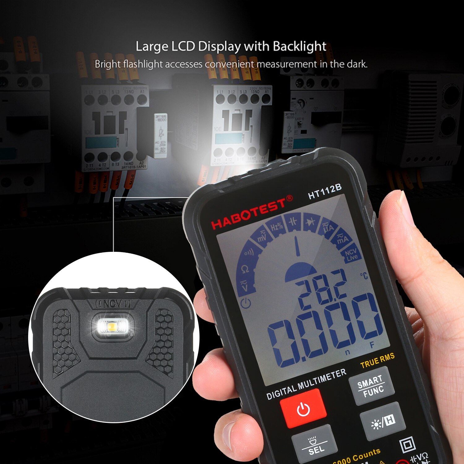 HT112B Multimeter Digital 6000 Counts TRMS Multimeter Digital LCD Display AC Voltmeter Ammeter Ohmmeter Test Diode Capacitance