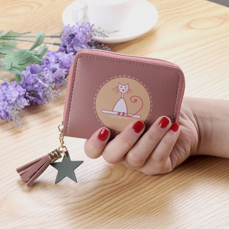 2020 gato impressão bolsa feminina curto zíper carteiras moeda saco bonito moda pequena senhora meninas estudantes carteira titular do cartão: Deep Pink
