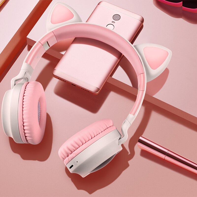 Bluetooth 5.0 Headset Cat Ear Wireless LED Light Mobile Phones Headphone Stereo Music Headphones Girl Daughter Headset for PC