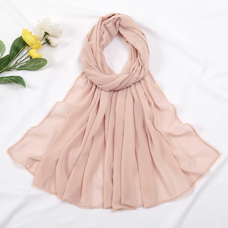Premium Chiffon Hijab Sjaal Voor Vrouwen Tulband Sluier Kant Stiksel Sjaals Moslim Hijaabs Effen Kleur Vrouw Hoofddoek Sjaal Ramadan: Bruin