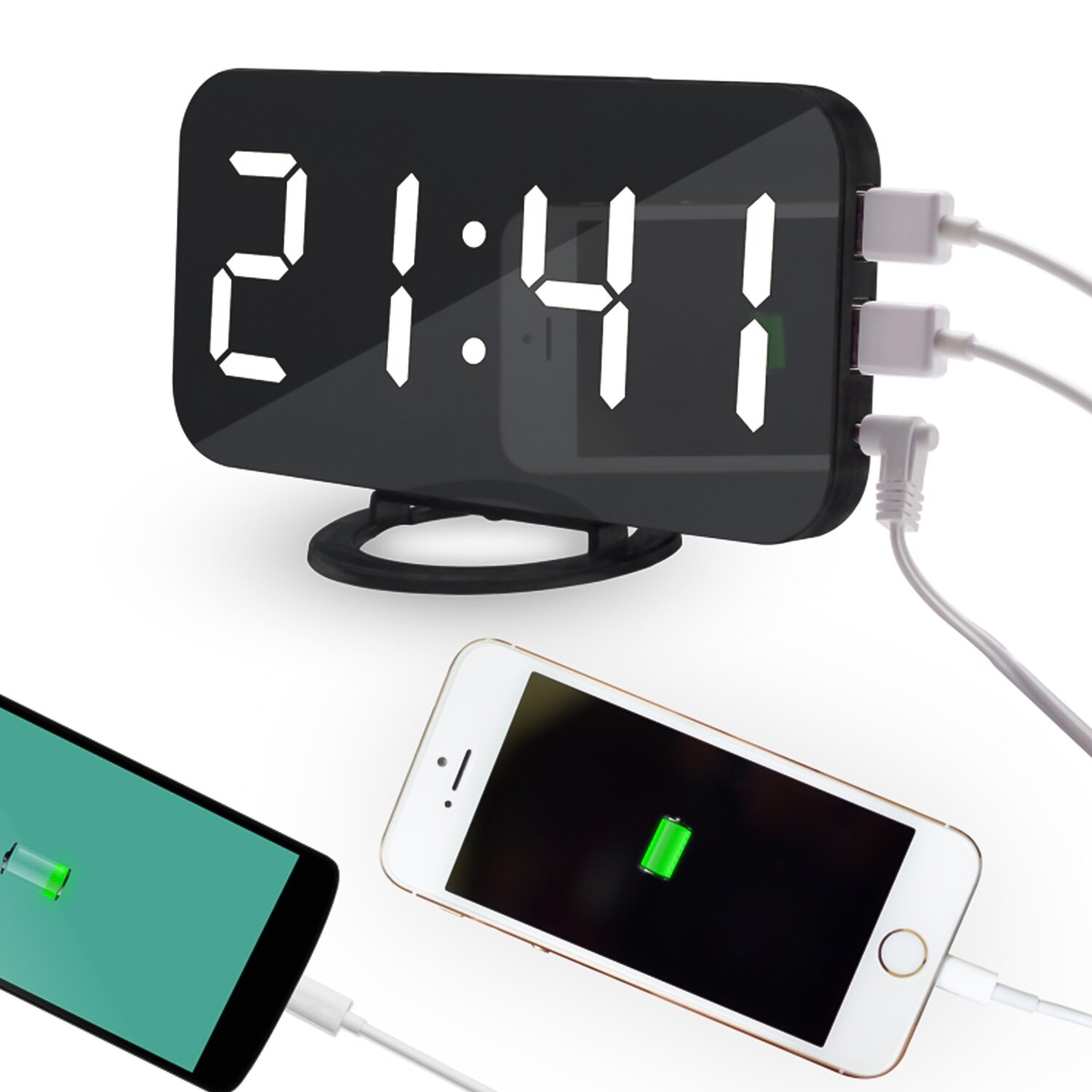 Ipad Phone Charging USB Alarm Clock Digital Clock with Large Easy-Read LED Display Diming Mode Snooze Function Mirror Surface