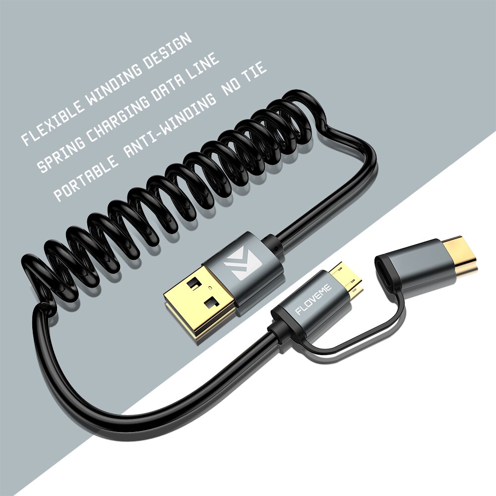 FLOVEME 2 in 1 Type C Micro USB Cable For Samsung Xiaomi Redmi Note 7 K20 Oneplus 7 Pro Retractable QC 3.0 Fast Charging Cable