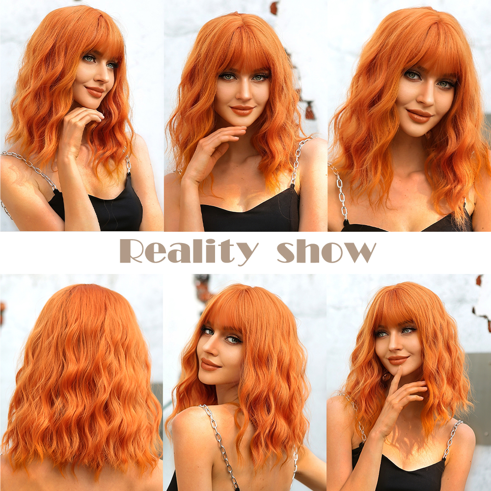 Pelucas onduladas naturales sintéticas de jengibre y cobre corto, peluca Bob naranja para Halloween con flequillo resistente al calor para mujer, peluca de Cosplay