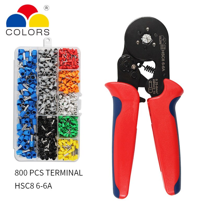 Crimper Plier Set 0.25-10mm2 self-adjustable ratchat wire crimping tool with 1200 Wire Terminal Crimp Connector Insulated: HSC8 6-6A 800PCS