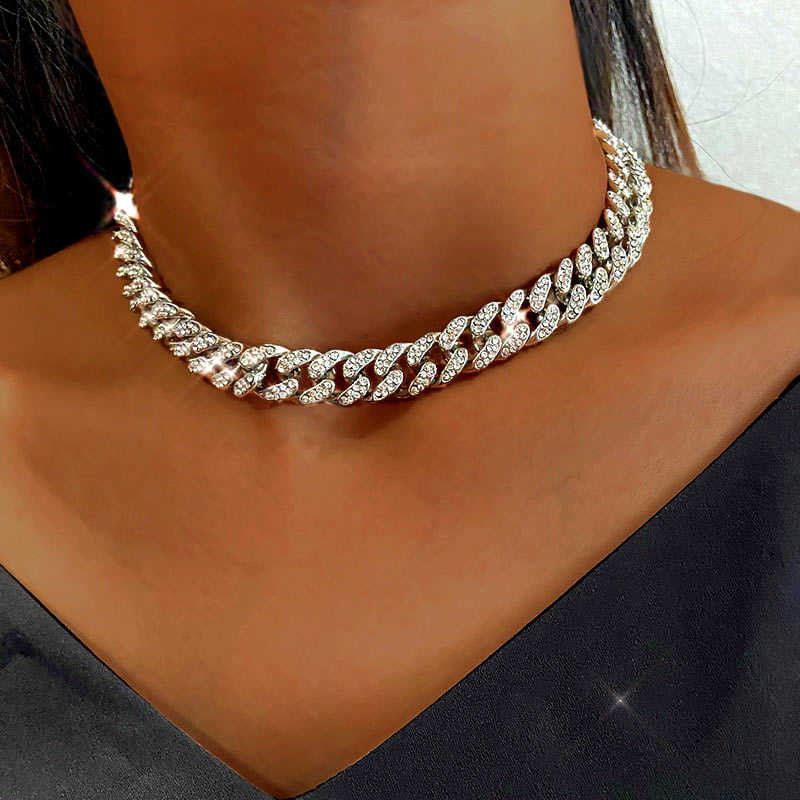 Collar Cadena Miami Cuban Link - Gargantilla 12mm - Strass Cristal Iced Out - Joyería Hip Hop Mujer