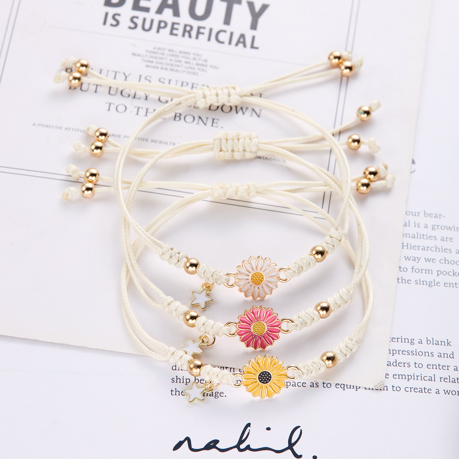 Pulsera bohemia hecha a mano con dibujos de estrellas y flores y margaritas para niña y mujer, pulseras de cuerda, de joyería para parejas de amistad