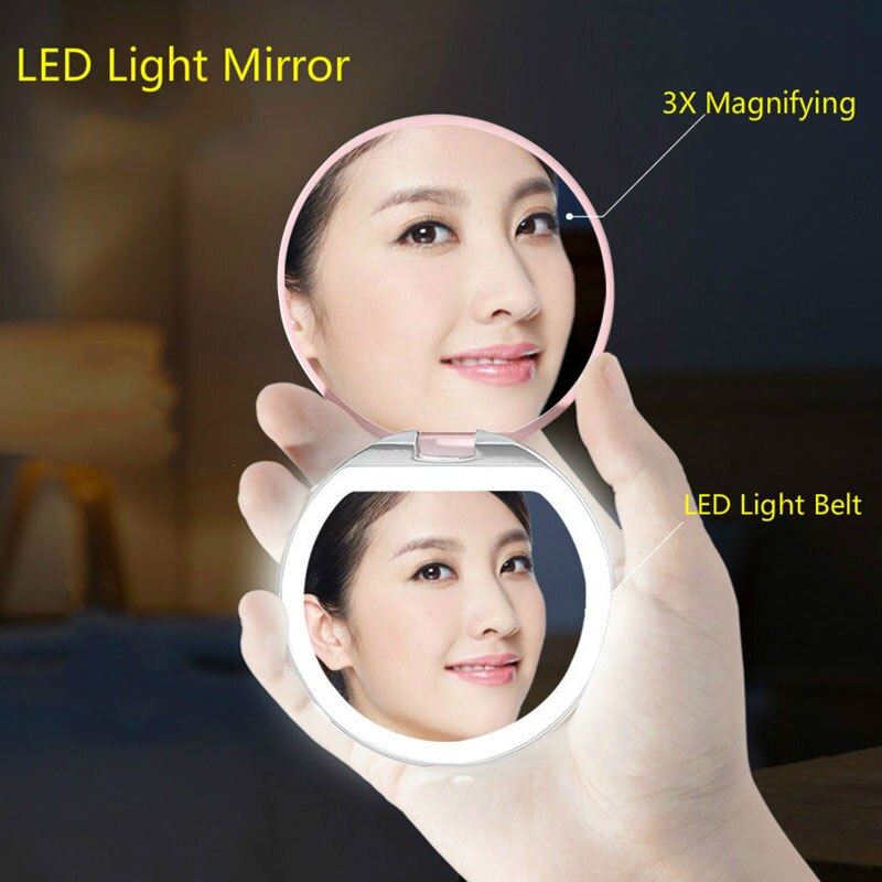 Mini espejo LED portátil luminoso espejo de maquillaje de carga USB con lámpara de maquillaje chica llevar espejo pequeño redondo para mujeres S1