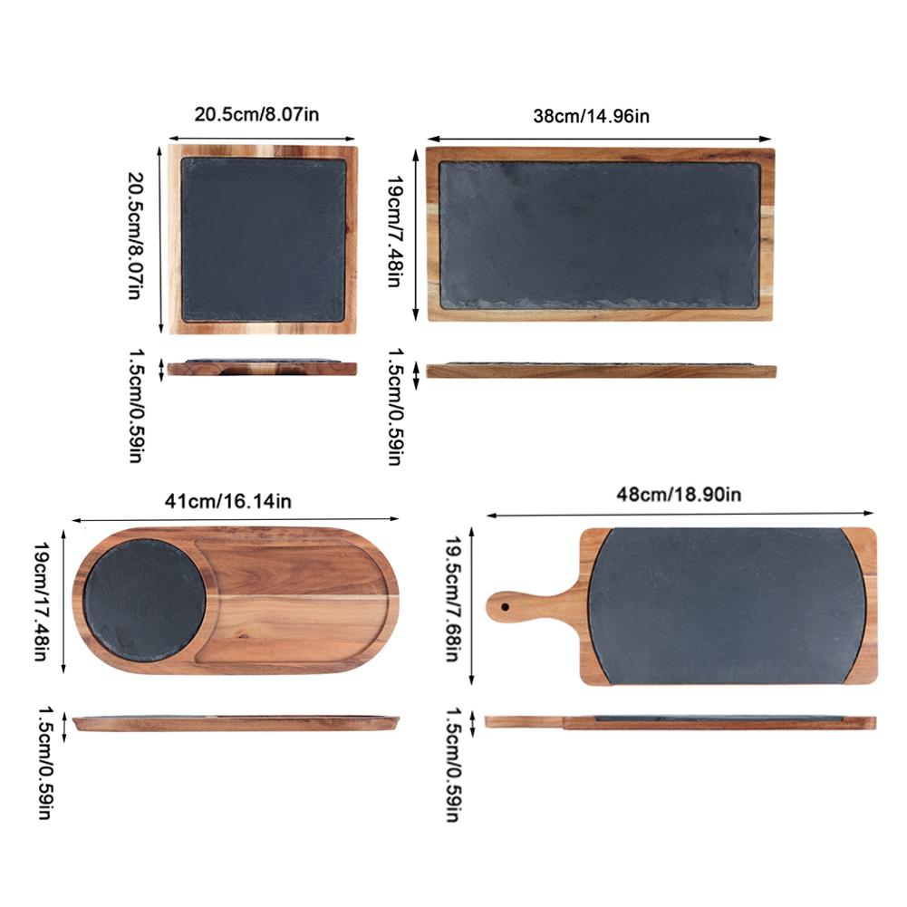Solid Wood Snack Tray Wooden Tray Black SLATE Plate Acacia Wood Wrapped Plate Western Japanese Food Plate Kitchen Decoration