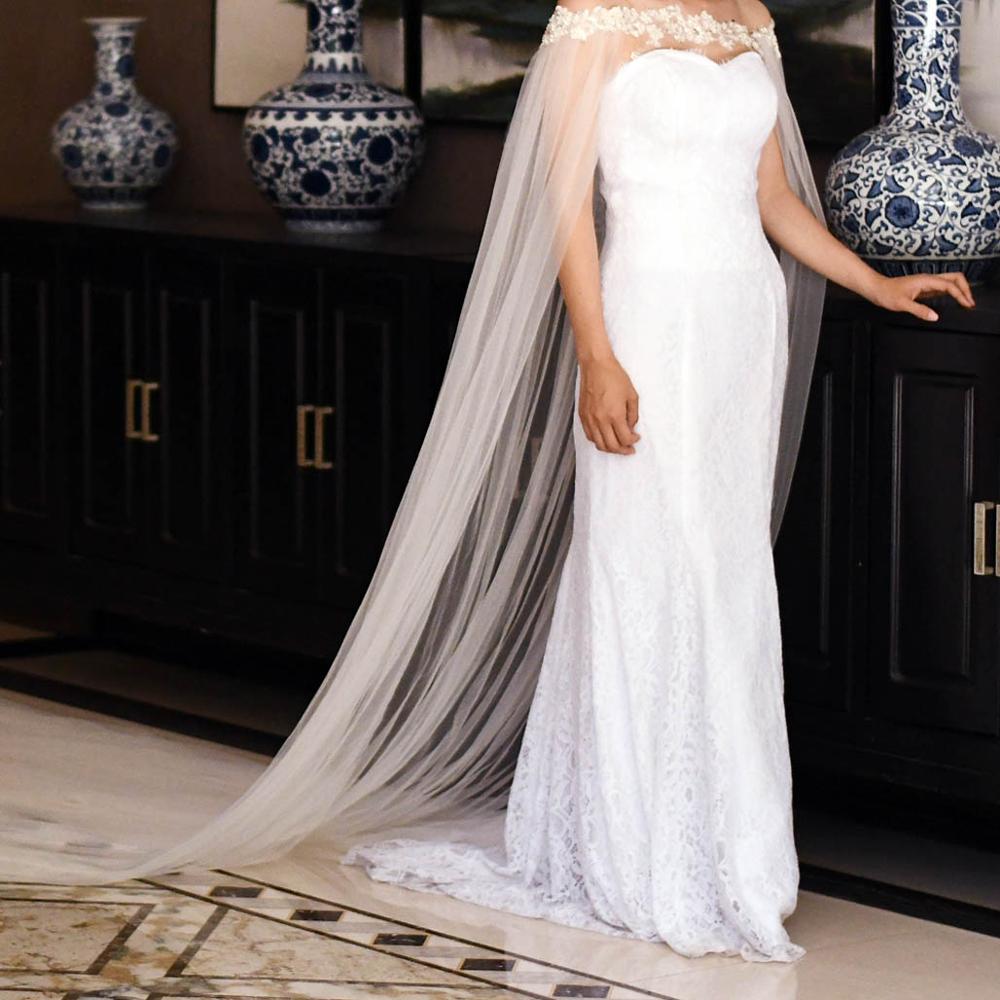 ZMG26 Women's Long Capes for Wedding Pearl Embellishment Chiffon White Bridal Shawls Wraps for Formal Party bolero for girls