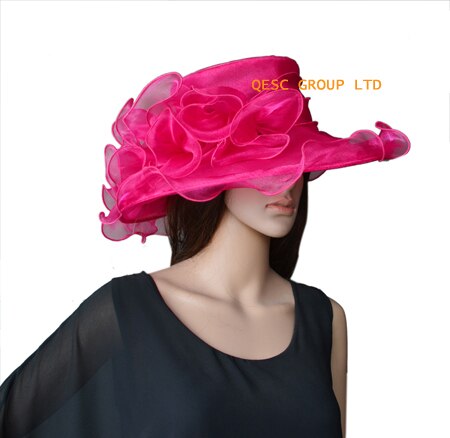 Grijze zilveren brede rand kristallen organza hoeden kerk bruidshoed voor bruiloft dameshoed, races: Fuchsia