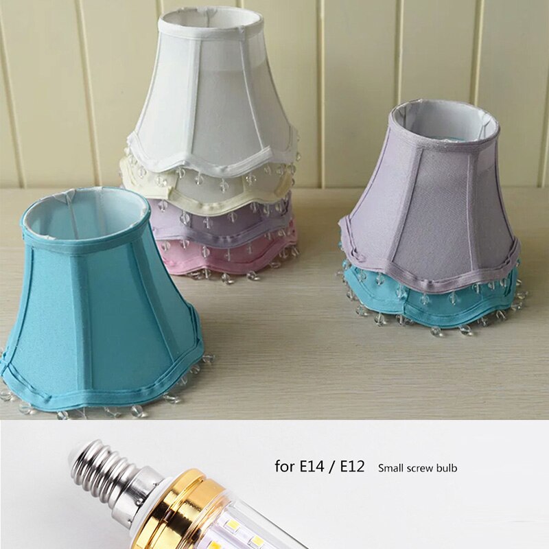 Pantalla sólida de tela pequeña E12 Para lámparas, cosida a mano, colgante con cuentas de cristal de encaje, lavable, Blanco/beige/azul/Rosa/lavanda E14