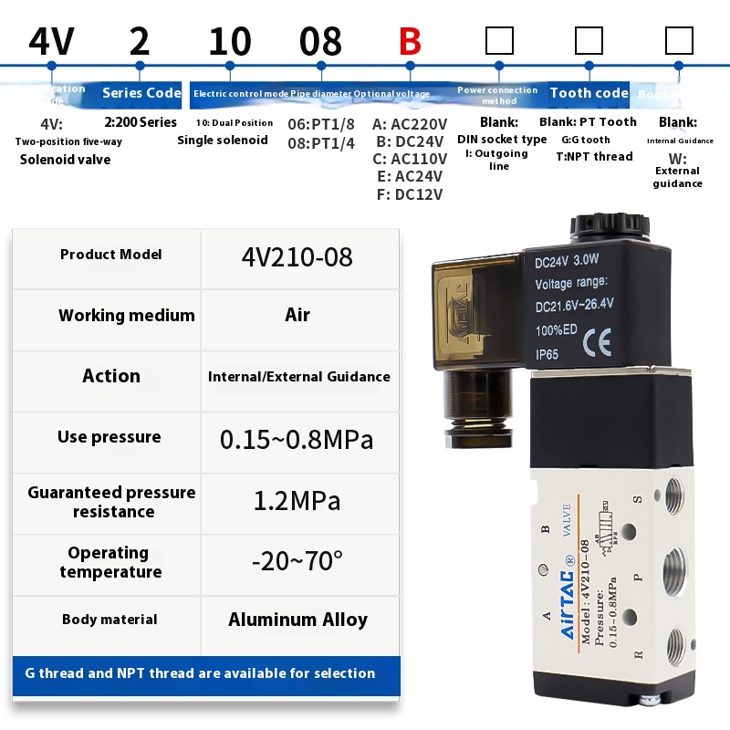 AirTac Solenoid Pneumatic Valve 4V210 4V210-08 4V210-06 220V 110V 24V AC DC Multiple Voltages Available Controller Valve