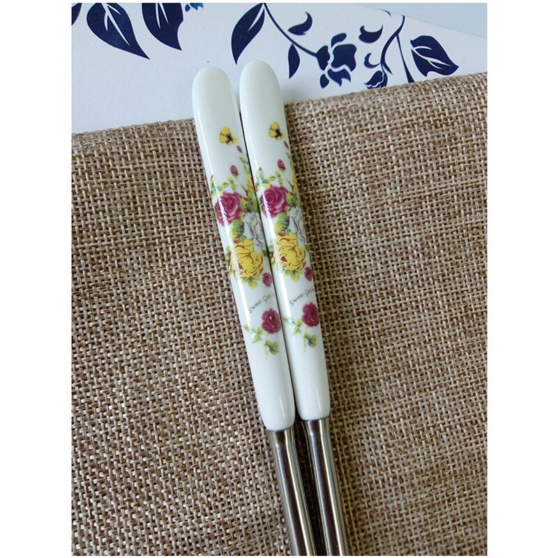 BalleenShiny 1 Pair Stainless Steel Chopsticks Chinese Style Rose Peony Ceramic Handle Anti-skid Chopsticks for Rice: Yellow flower