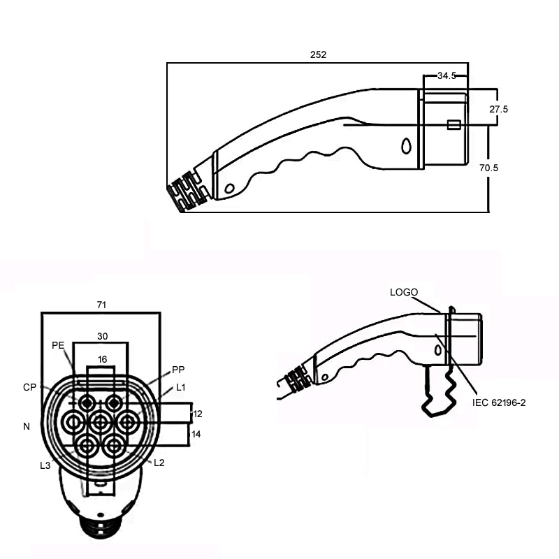 Adaptador de enchufe tipo 2 para coche eléctrico, conector IEC 62196 Mennekes 32A 16A, 3 fases, 1 fase única, hembra, estilo europeo