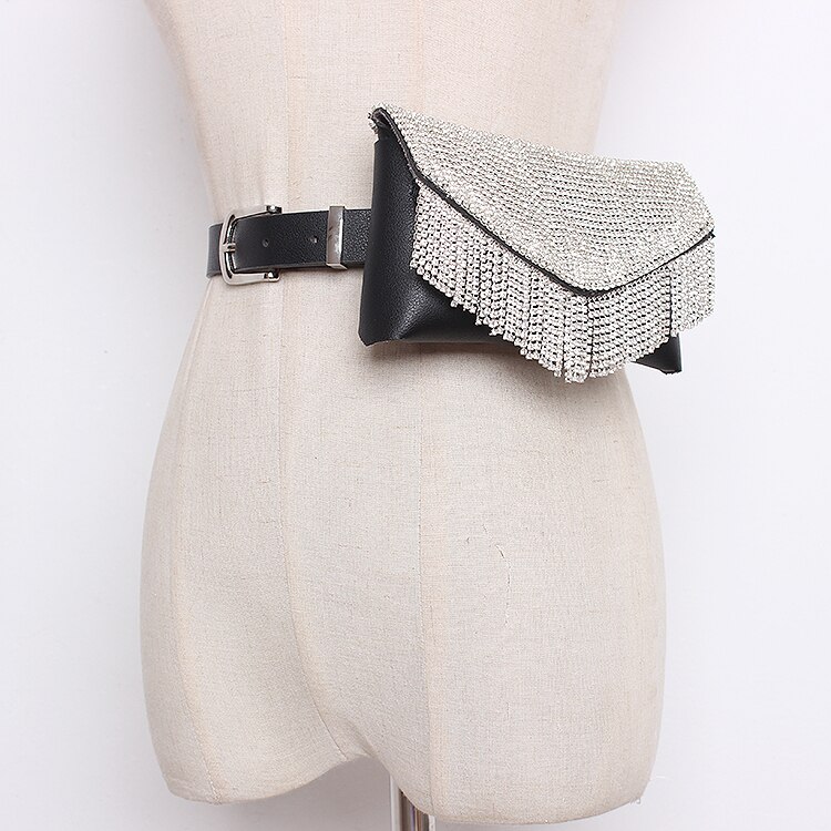 Nuovo Sacchetto della Vita di Modo di Scintillio Pieno di Diamanti Scuro Buckle Pu Cintura In Pelle Tasche Cinghia Delle Signore Dual-utilizzare Tre Opzionale sacchetto di marea 729