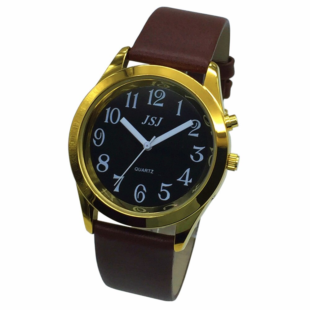 Franse Praten Horloge met Alarm Functie, Praten Datum en tijd, Zwarte Wijzerplaat, Bruine Lederen Band, golden Case TAF-806