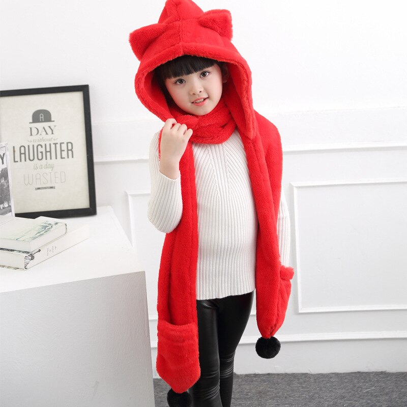 Conjunto de gorros y guantes de franela para niños y niñas, bufandas cálidas de invierno con dibujos animados, Unisex, 3 uds.: red