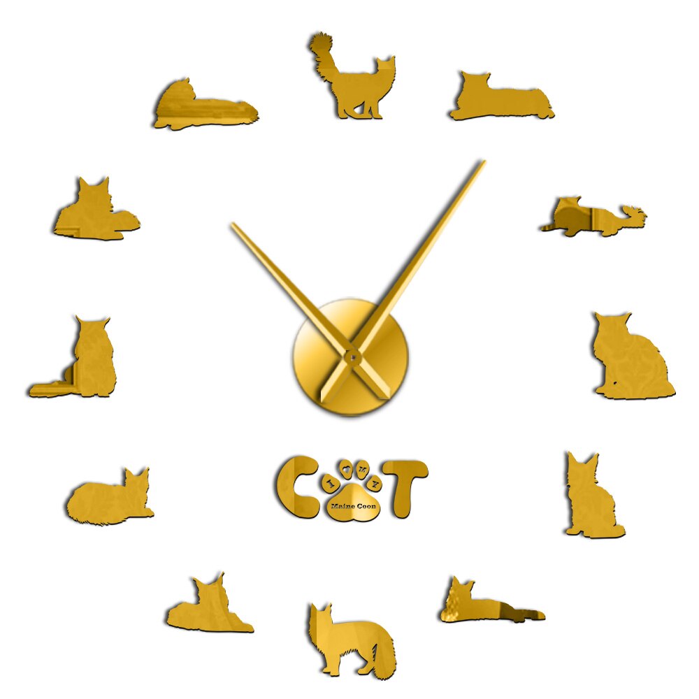 The Gentle Giant Maine Coon Wall Clock DIY Cat Silhouette Wall Art Stickers Decorative Large Wall Clock Contemporary Style Watch: Gold / 47 Inch