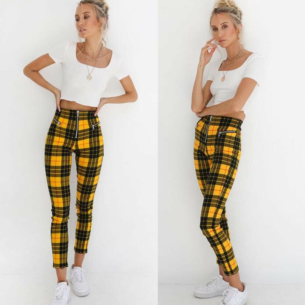 Klassische Plaid Hosen Frauen Reißverschluss Dünne Denim Büro lässig Hohe Taille Jeggings Bleistift Hosen Hosen Streetwear