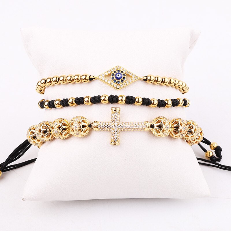 Jaravvi perline in acciaio inossidabile ad alta quantità CZ Eye Cross Charm intrecciato Macrame Set di braccialetti per amicizia da uomo