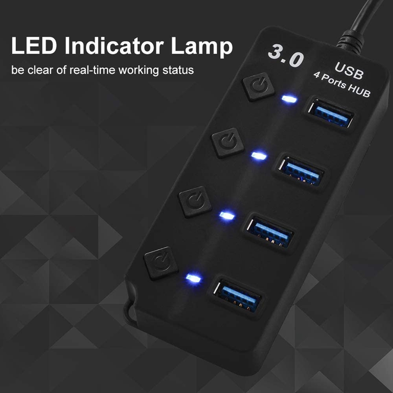 4-Port USB 3.0 Hub With Individual Power Switches, Portable Data Hub Compatible For USB A Devices, 5Gbps Transfer Speed