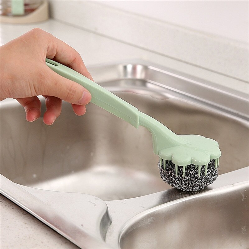 Poignée de brosse à manche Long | Nettoyage de cuisine à manche Long, brosse à manche de casserole, boule de fil en acier inoxydable, outils de cuisine, accessoires