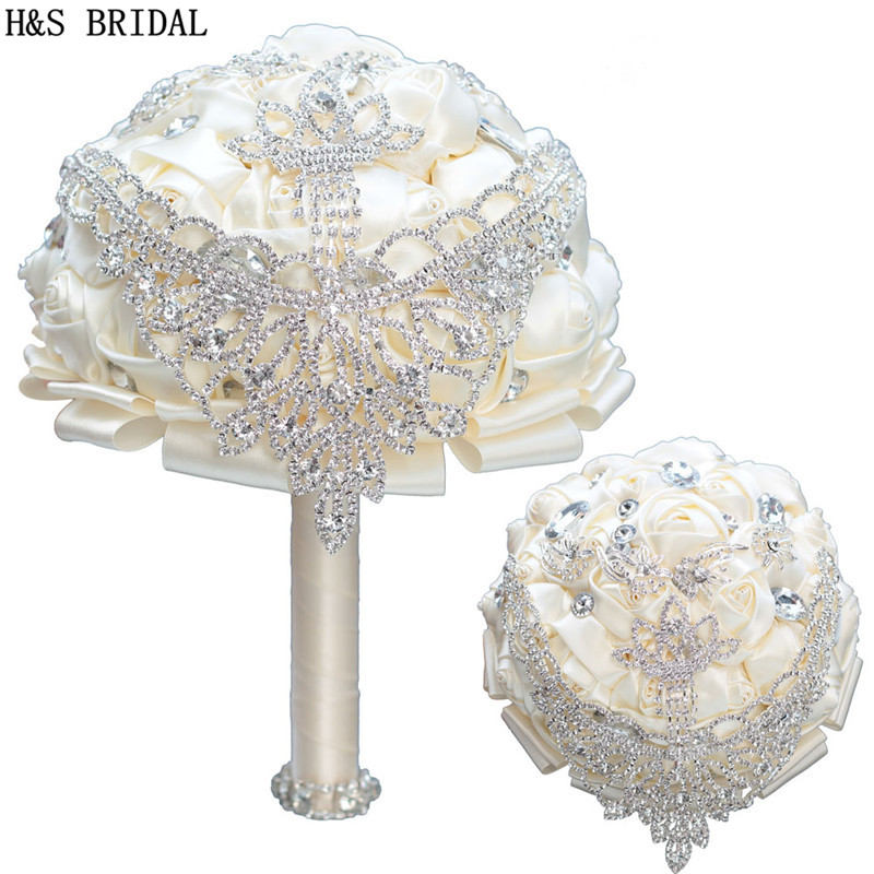 H&amp;S BRIDAL Ivory Crystals Crown Wedding Flowers Crystals Bridal Bouquets Artificial Wedding Bouquets buque de noiva