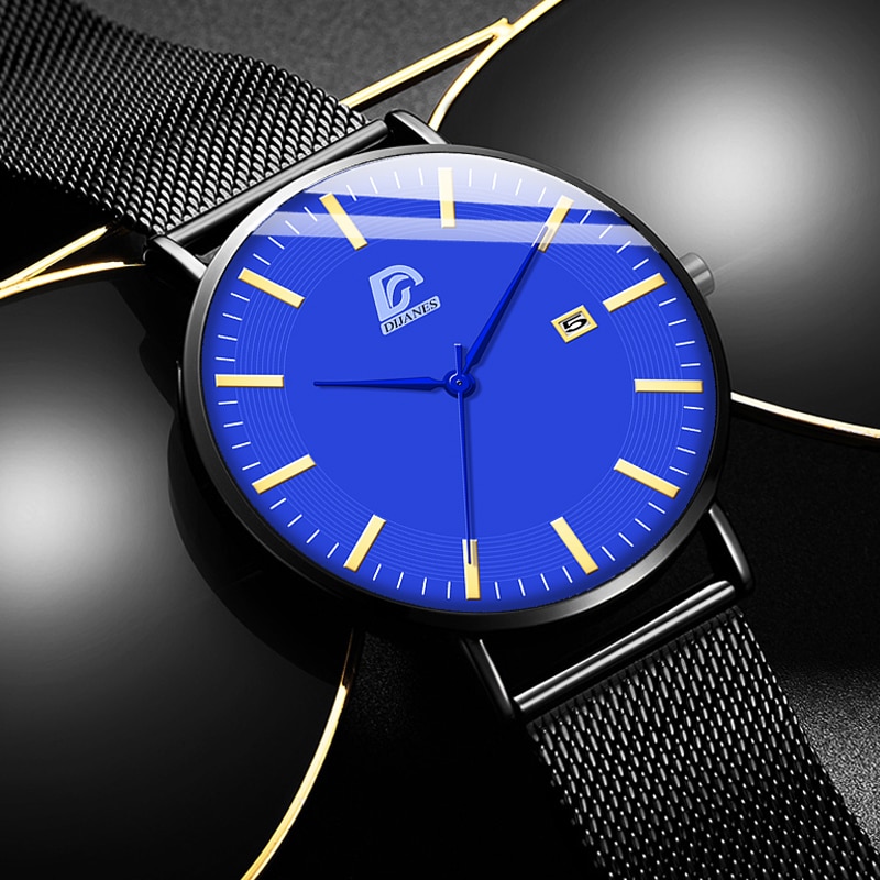 Dijanes miesten business minimalistiset kellot ultraohut ruostumaton teräsverkko vyö analoginen kvartsi rannekello reloj hombre