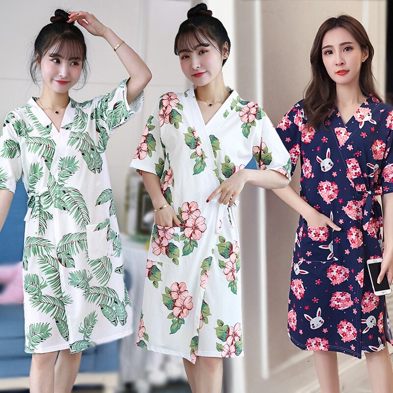 Summer Kimono Robe High-End Cotton Double Layer Gauze WOMEN'S Cardigan Pajamas Short Sleeved Robe Bathrobe