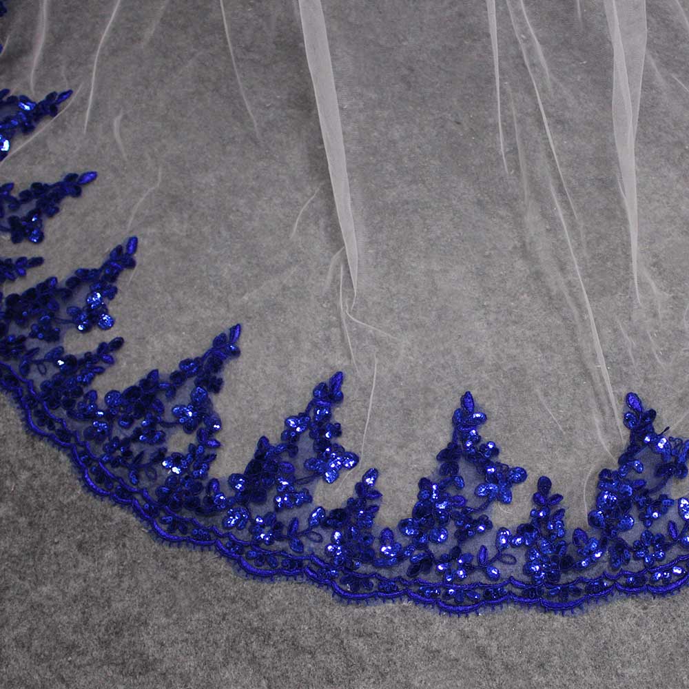 Bling Pailletten Royal Blue Lace Wit Ivoor Tulle Wedding Veil 2 Layer met Blusher Cover Gezicht Bruidssluier kam