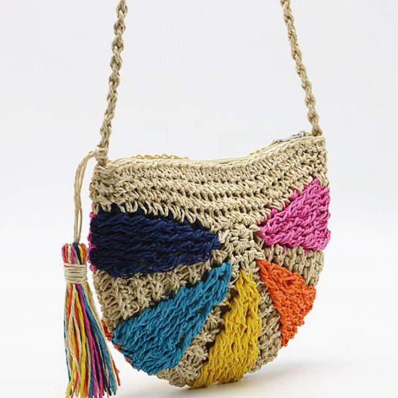 Di modo Crochet di Estate Borse Da Spiaggia Borsa Di Paglia Variopinto Della Boemia Della Nappa del Messaggero Della Spalla del Sacchetto Del Rattan Borsa Maglia Borsa