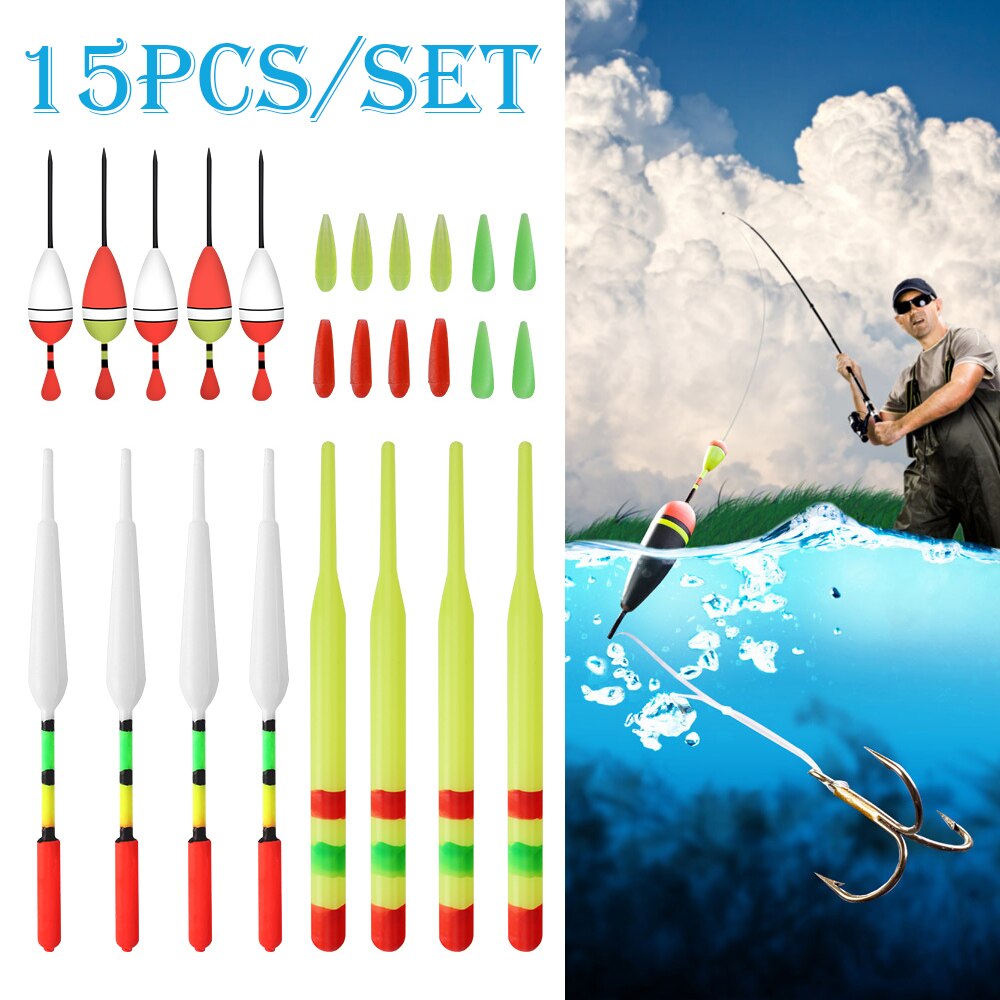 15pcs Fishing Floats Set Plastic Vertical Buoy Sea Fishing Floats Bobber Assorted Size Fishing Tackle Tools Accesories