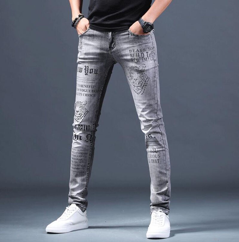 Mænds mandlige denim jeans europæisk mærke mænd sommer print personlighed slim stretch bukser bukser