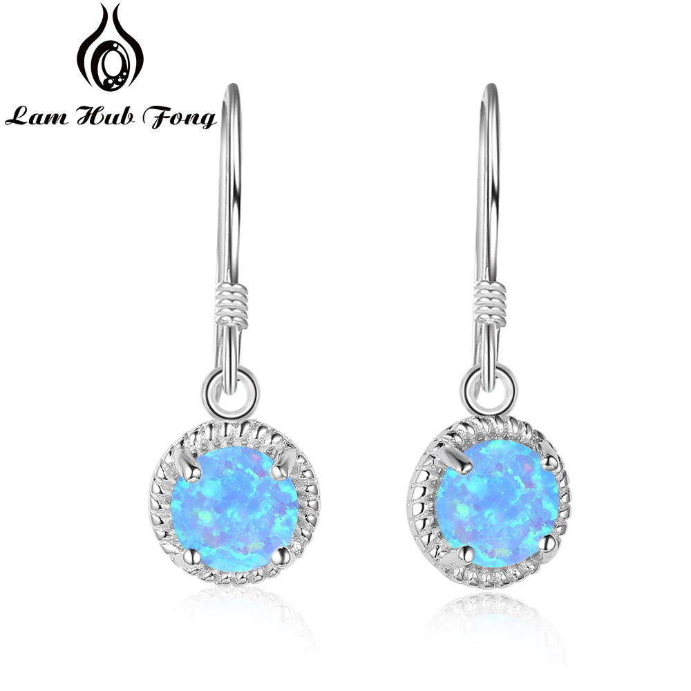 925 Sterling Zilveren Ronde White Opal Oorbellen Classic Dangle Oorbellen voor Vrouwen Bruids Bruiloft Sieraden (Lam Hub Fong): Blue Opal