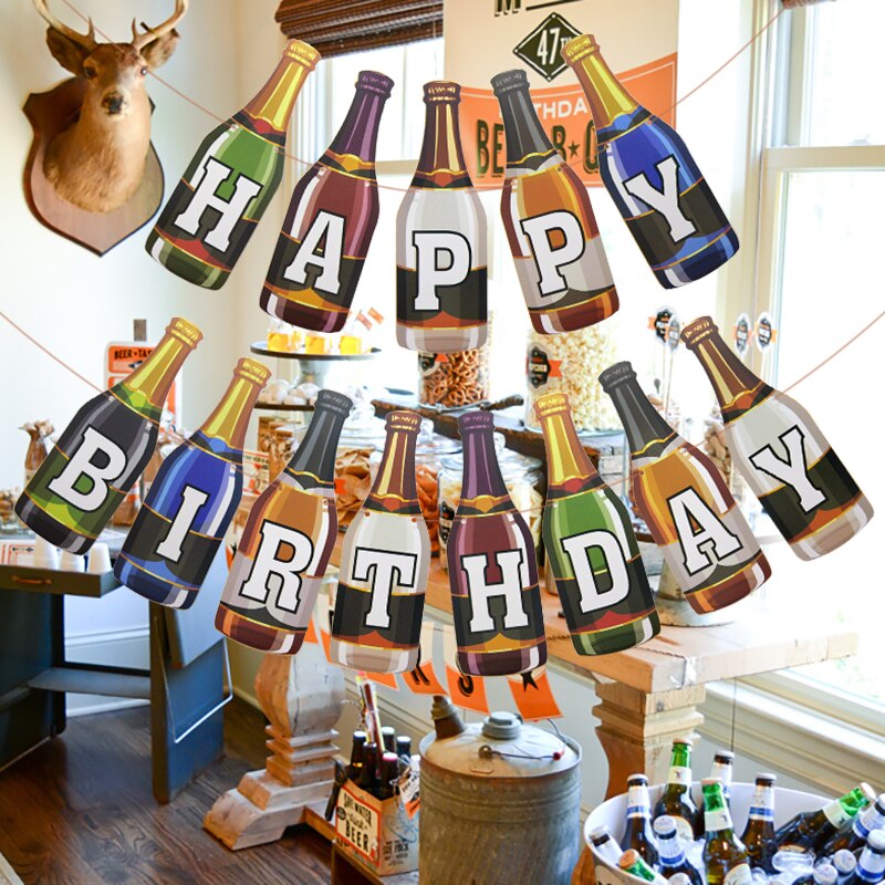 1set Happy Birthday Letter Pull Flag Wine Bottle Mermaid Baby Shower Theme Party Paperboard Banner Backdrop Decoration Supplies
