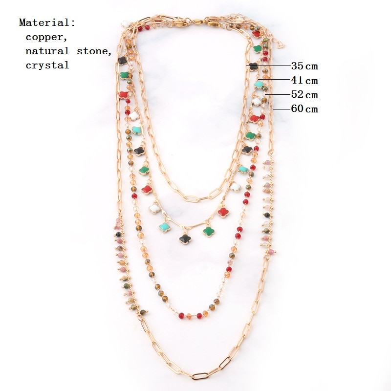 NeeFu WoFu Multi-layer set necklace Nationality Clover Natural stone short necklace Bohemia Stainless steel jewelry wholesa