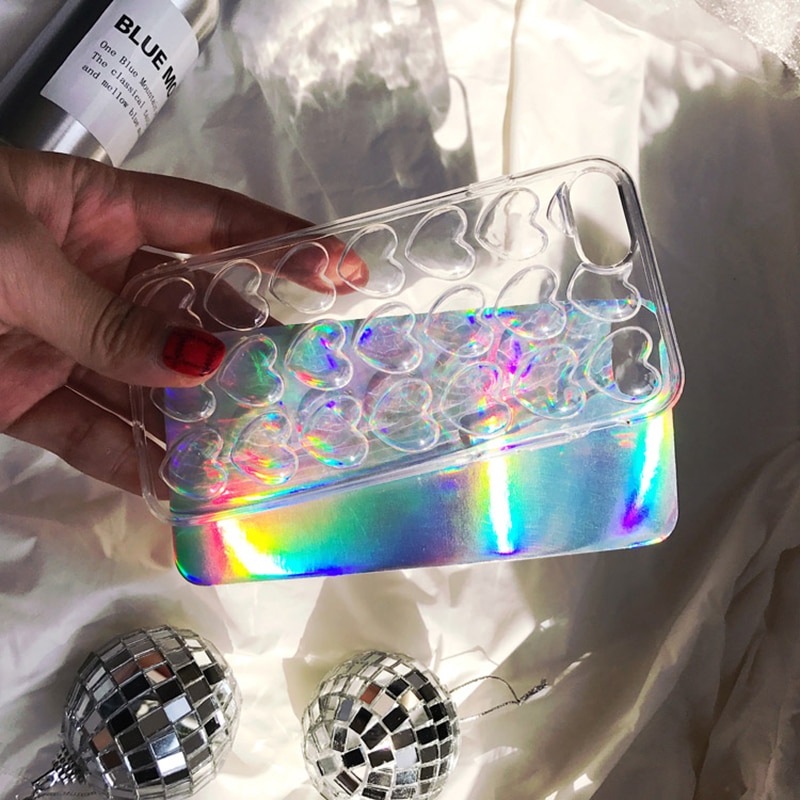 LOVECOM Gradient Iridescent 3D Love Sequin Phone Case For iPhone XR X XS Max 7 8 6 6S Plus 5 5S SE Phone Protector Soft Cover