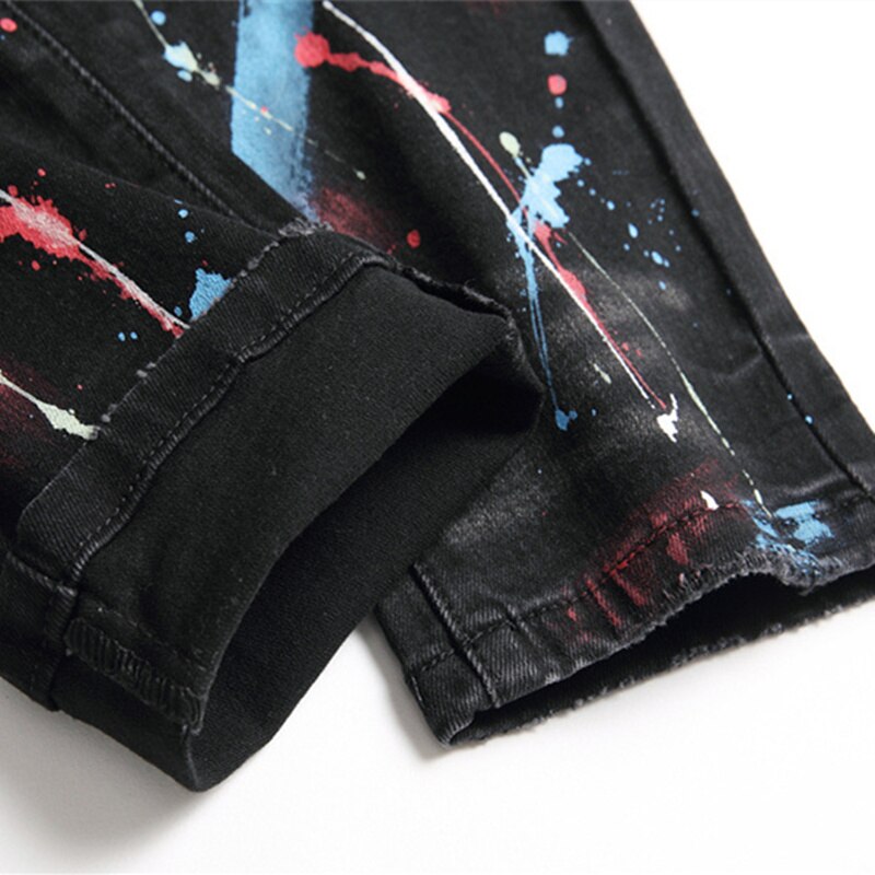 Men&#39;s Jeans Ripped Spray-Painted Black Stretch Pants Drill High Street Casual Pants Autumn Hip-hop Clothing