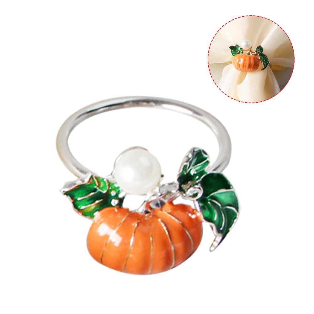 5Pc Legering Thuis Gele Pompoen Servet Ring Set Van Groen Blad Servet Gesp Voor Kerstmis, , bruiloft, Halloween Party: A