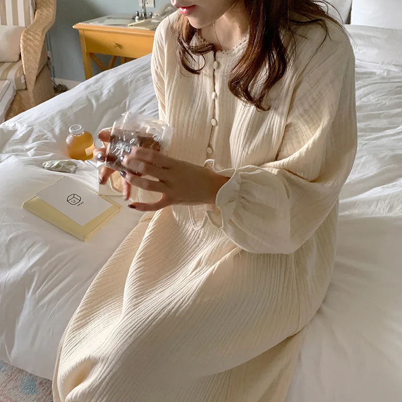 100% algodão mulher vestido bonito cereja impressão manga longa botão até coreano maxi vestidos confortáveis homewear vestido de mujer