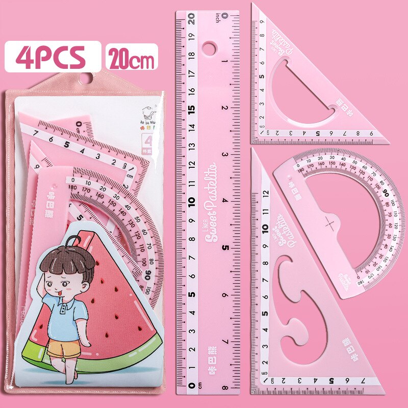 Juego de 4 Uds. LITZY de regla Kawaii, compás matemáticos, papelería escolar, reglas rectas de plástico de 15/20cm, suministros de oficina: Pink 20CM